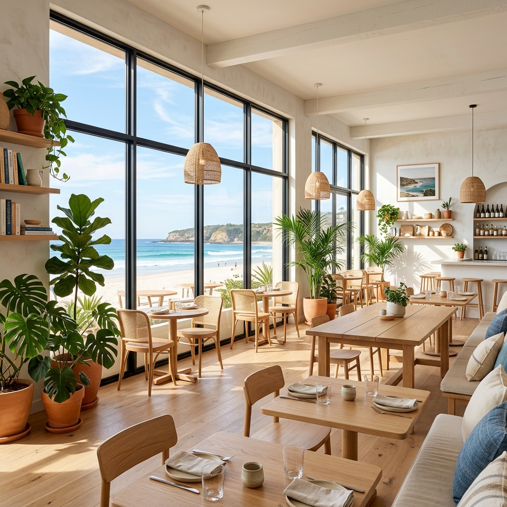 Sunlit empty cafe interior of Mackenzies Kitchen MQ