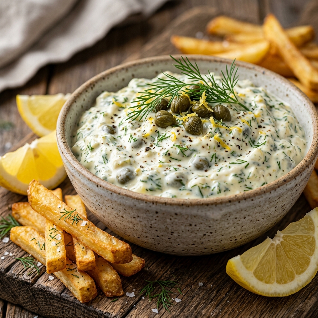 Creamy dill tartare sauce close-up with golden fries