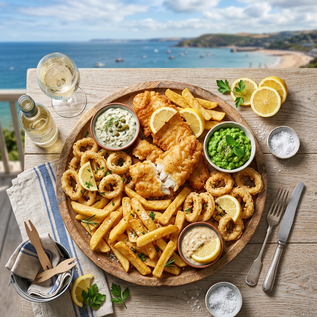 Abundant family seafood spread with fish, chips, calamari and dips